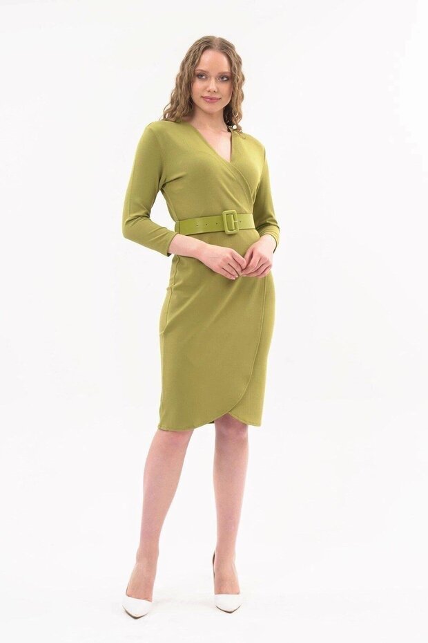 Apsen Women's Green Double-Breasted Belted Seasonal Midi Wrap Dress 3753-100