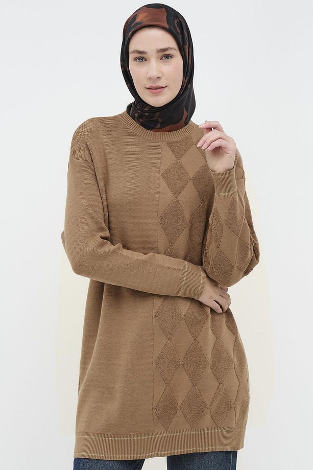 Baklava Desen Triko Tunik - Camel - 2