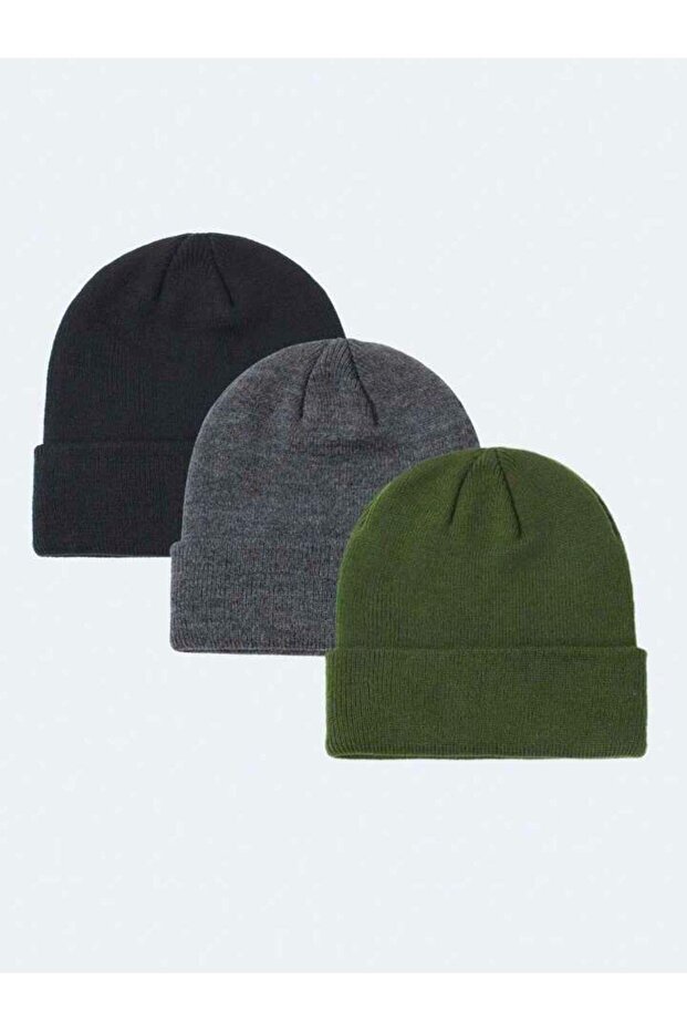 Unisex Folded Black, Light Mink, Stone 3-Piece Beret Set