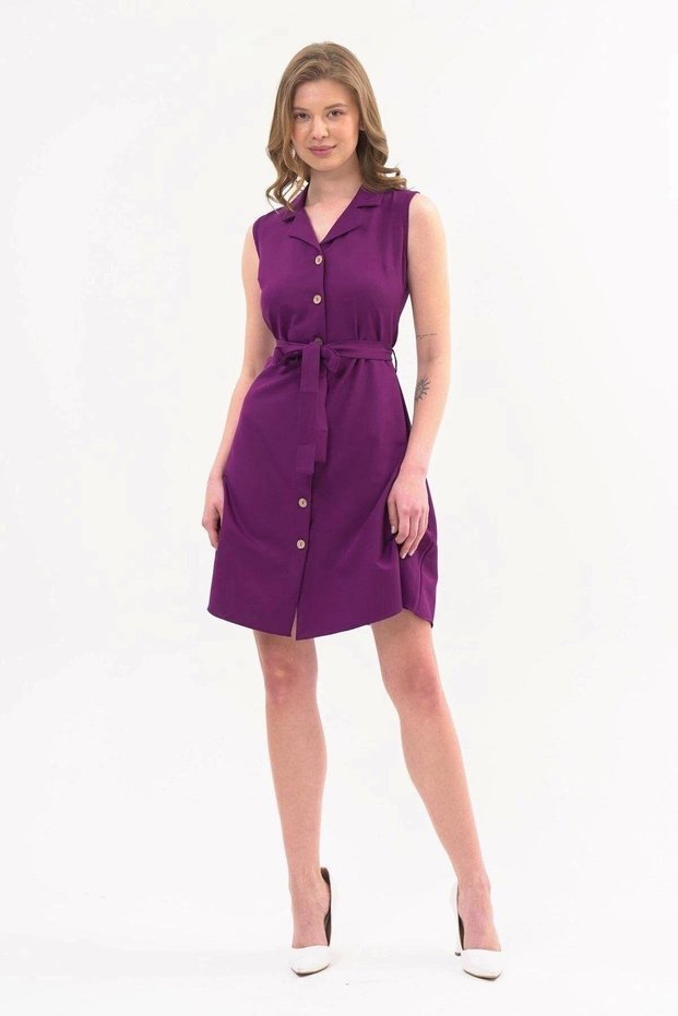 Apsen Women's Shirt Collar Buttoned Sleeveless Summer Short Dress 4330-95
