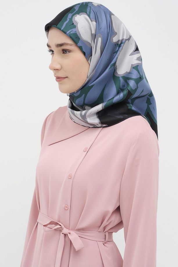 Multi Flower Desenli Twill İpek Eşarp - Mavi - 2