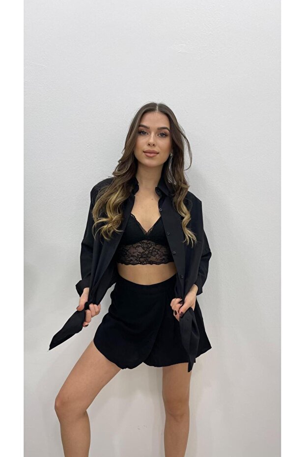 KADIN SİYAH UZUN BASİC GÖMLEK - 2