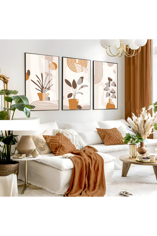 Hari̇kabi̇rev | Brown-Orange Vazoled Leaf Bohemian Set | Framed Glass Table 3 Pieces Vertical
