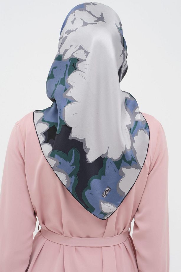Multi Flower Desenli Twill İpek Eşarp - Mavi - 4