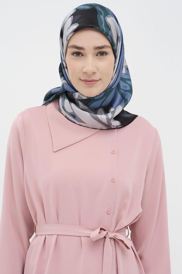 Multi Flower Desenli Twill İpek Eşarp - Mavi - 1