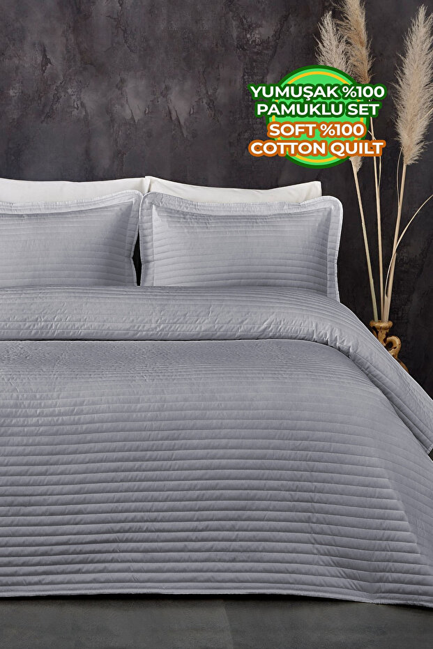 100% Cotton Single Quilted Bedspread (Pique) Set Judy Fiber Filled Striped Gray