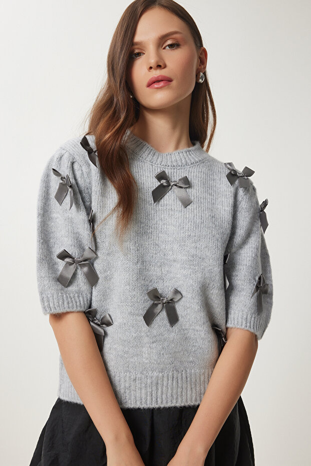 Short Sleeve Bowknot Knitwear Blouse Gray Ldp0031