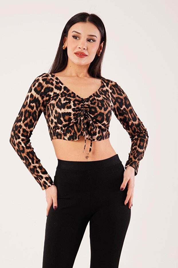 Leopard Print Front Drawstring Crop Top - 2