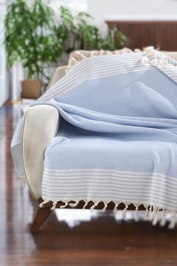 Nova Bebek Mavi Koltuk Örtüsü 180 x 200 cm Kanepe Çekyat Divan Örtüsü Şalı Pamuklu Dokuma - 2