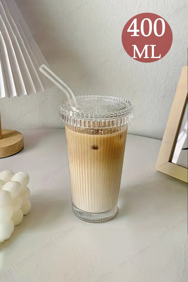 400 ml Origami Style Glass Cup with Glass Straw |   Coffee and Presentation Cup |   Soft Drink Cup