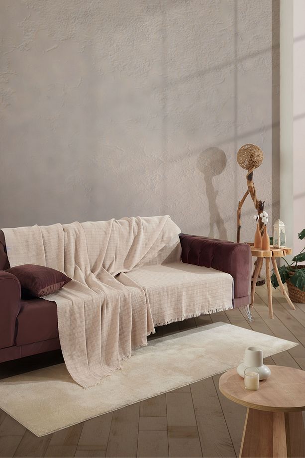 Arden Bej Koltuk Örtüsü 180 x 220 cm Kanepe Çekyat Divan Örtüsü Şalı Pamuklu Dokuma - 1