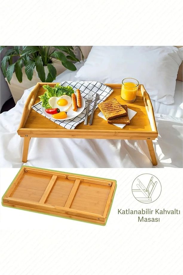 Katlanır Bambu Yatak Keyif Tepsisi Yatak Kahvaltı Sunum Tepsisi - 1