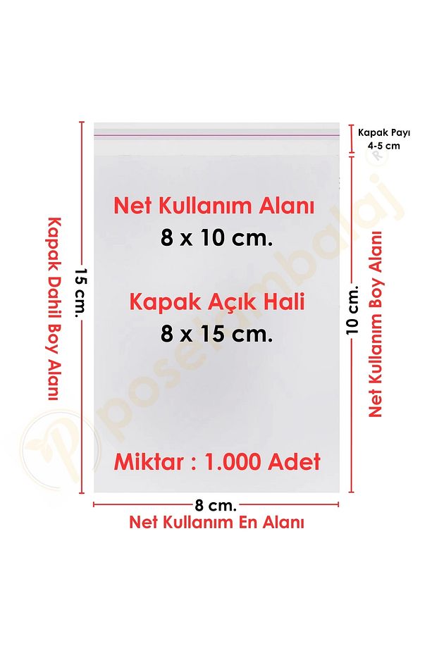8x10+5 Cm. (8*15) 1.000 Adet Şeffaf Bantlı Yapışkanlı Jelatin Poşet - 1