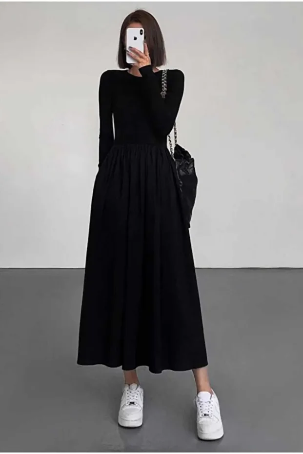Damen-Kleid mit langen Ärmeln, A-Linien-Maxi-Kleid mit ausgestellten Ärmeln - 4