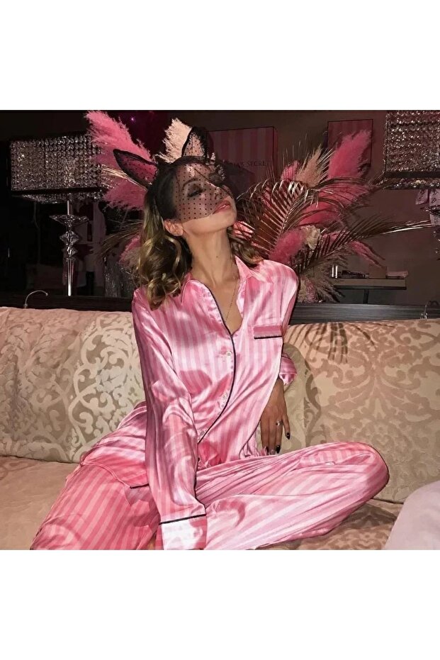 Striped Pink Silky Satin Women's Pajamas Set