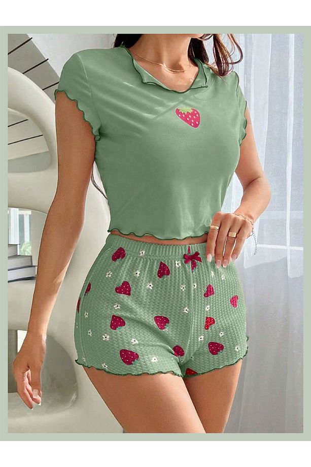 PA Giyim Kadın Çilek Desenli Marul  Kısa Kollu Üst ve Şort Pijama Takımı - 3