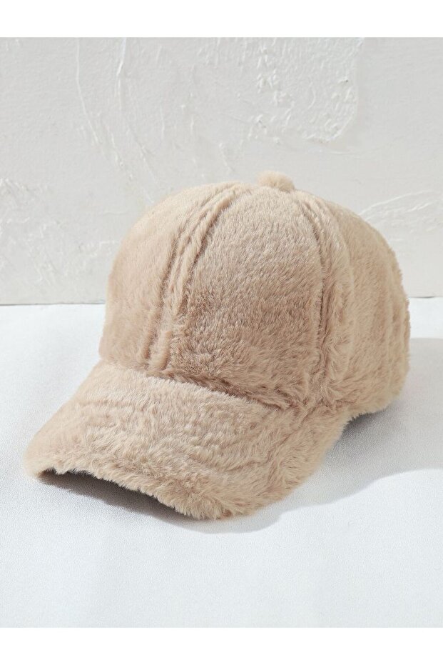Women's Winter Plush Baseball Cap Hat Beige Color