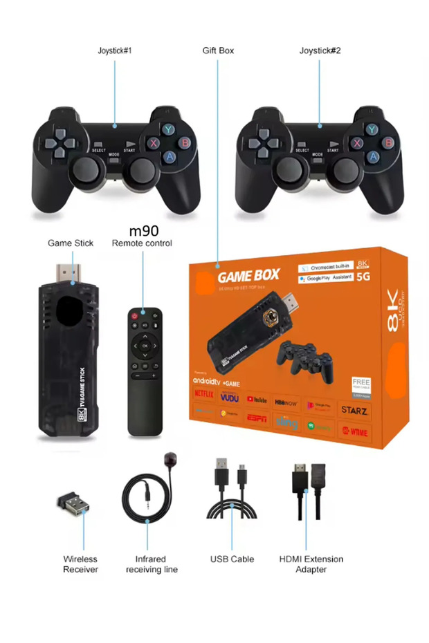 Taşınabilir 4k Android TV Wifi Kablosuz Çift Kol Retro Oyun Game Stick 64gb Hafıza 1000 Oyun Atari - 3