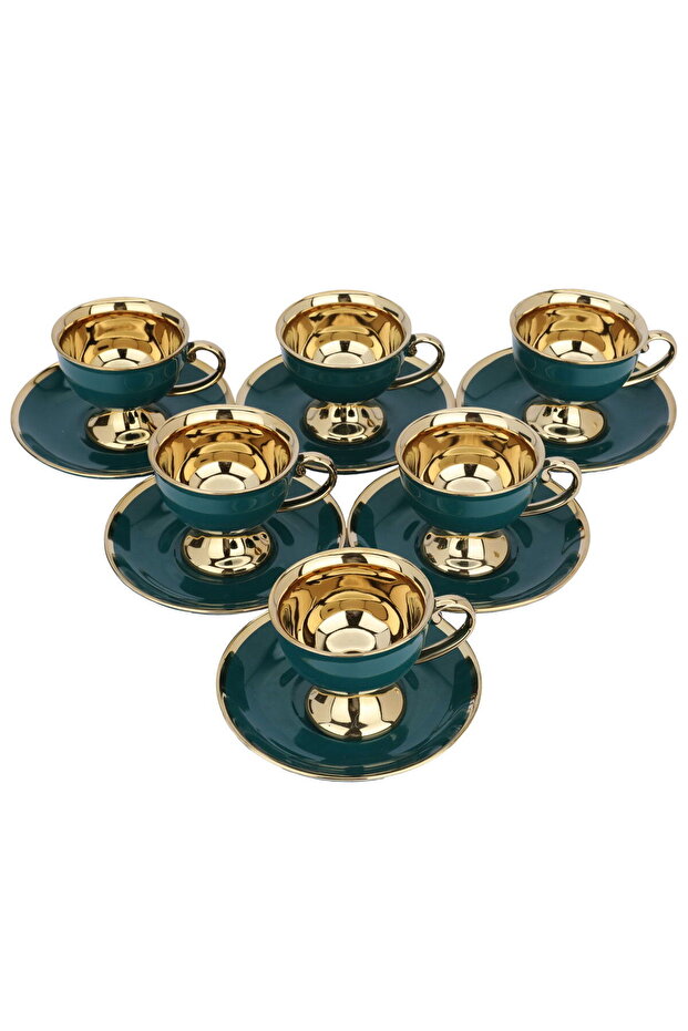 Green Turkish coffee cup set with gold base, 12 pieces