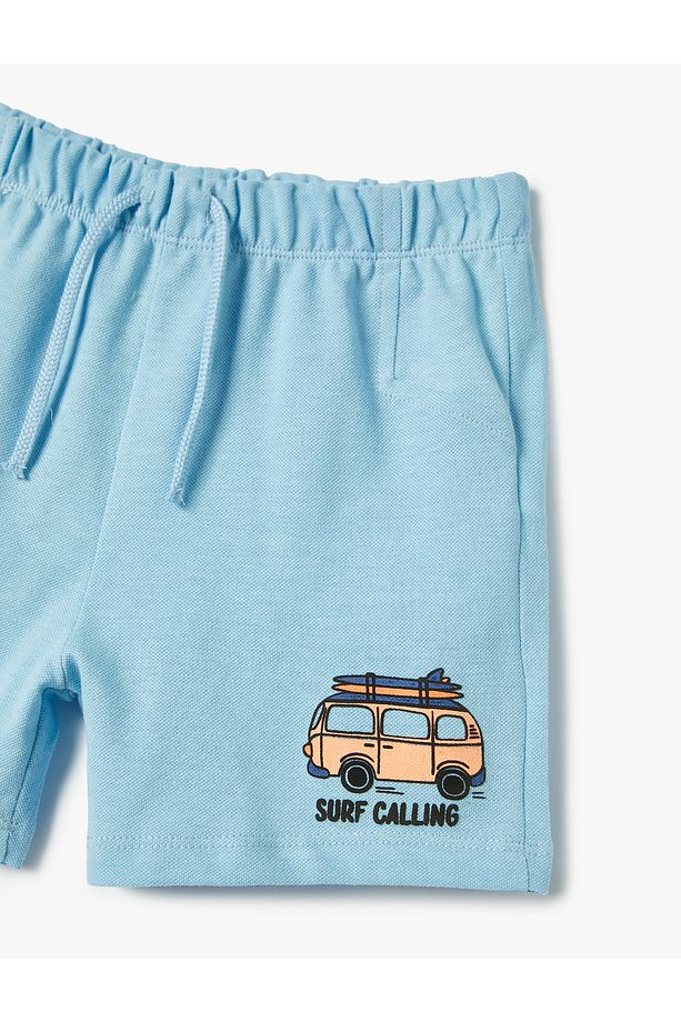 Beli Bağcıklı Şort Slogan Baskılı Pamuklu - 3