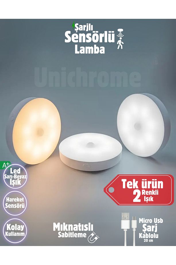2 Renkli Hareket Sensörlü Usb Şarj Edilebilir Led Işık Dolap Içi Gece Lambası - 1