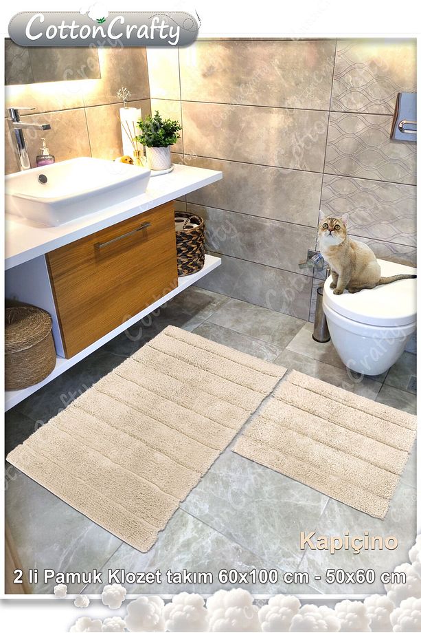 Pamuk Tafting Su Emici Banyo Paspas Seti, Banyo Halısı Soft 2 Li Set 60x100 - 60x50 - 3