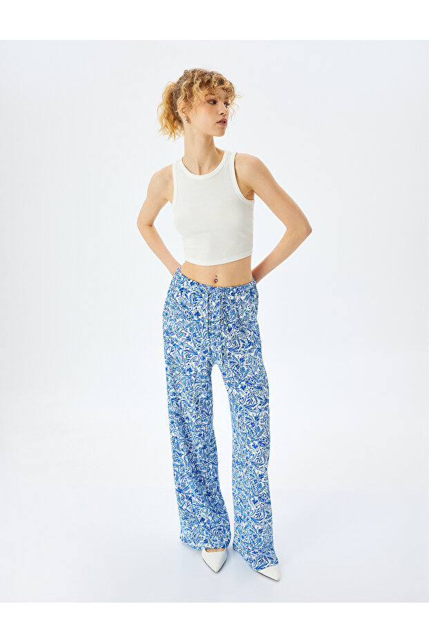 Lace-Up Waist Wide Leg Patterned Trousers Bürümcük