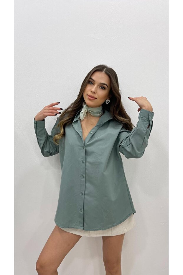 KADIN MİNT YEŞİL UZUN BASİC GÖMLEK - 1
