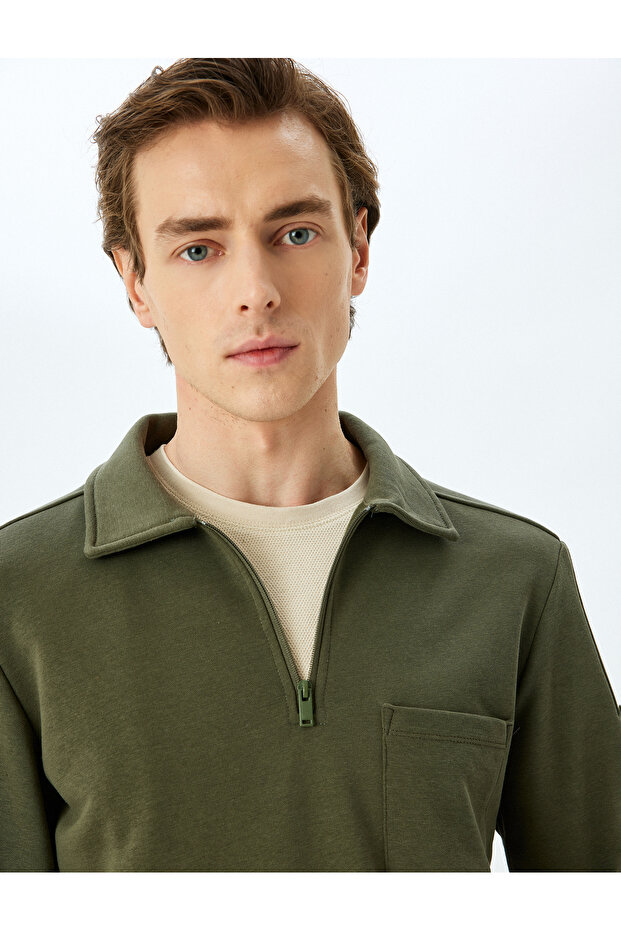Long Sleeve Pocket Detailed Basic Raised Half Zipper Polo Collar Sweatshirt