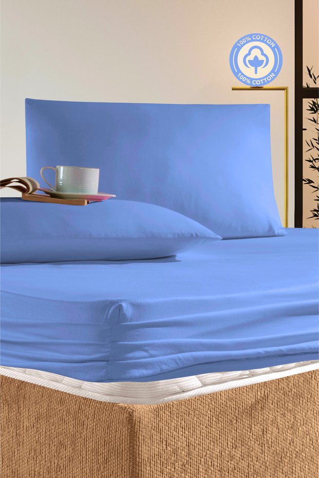 100% Cotton Blue Natural Double Ranforce Fabric Fitted Sheet Pillowcase Set /160X200/