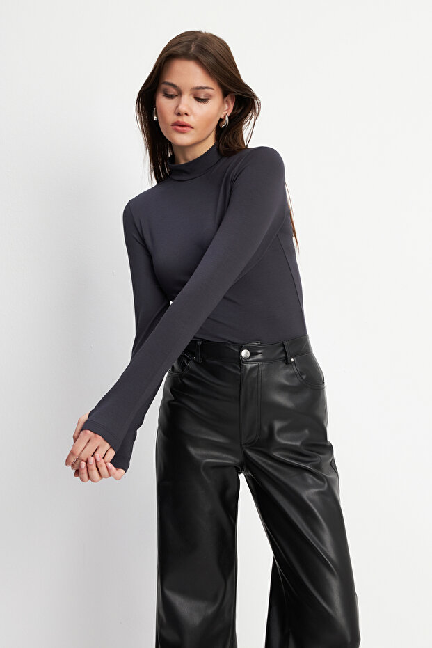 Kadın Antrasit Parmak Detaylı Basic Body - 4