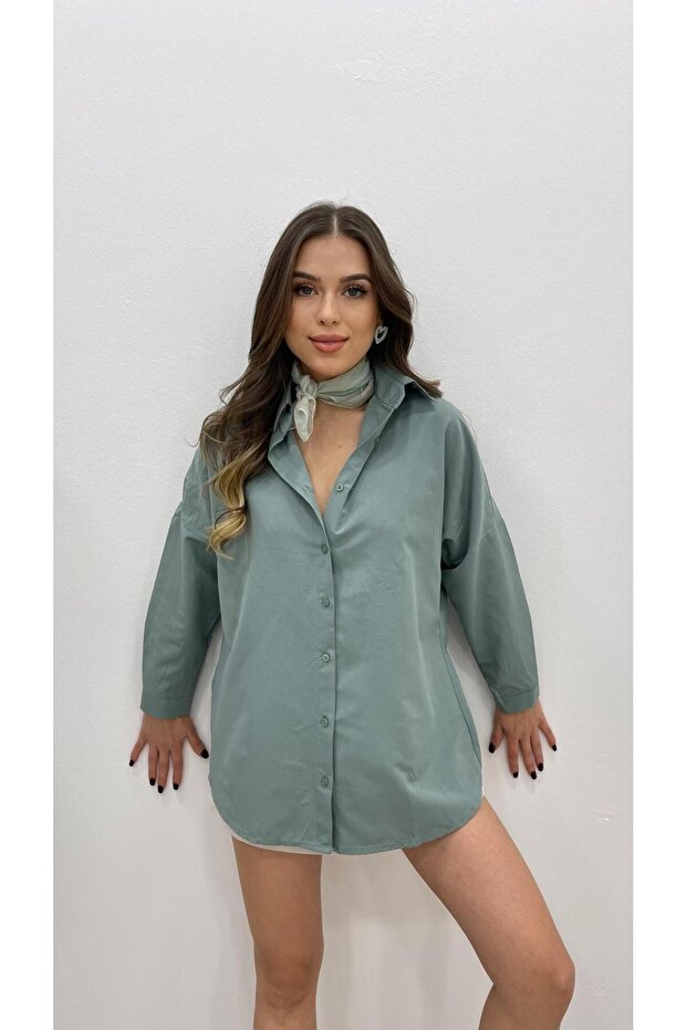 KADIN MİNT YEŞİL UZUN BASİC GÖMLEK - 3