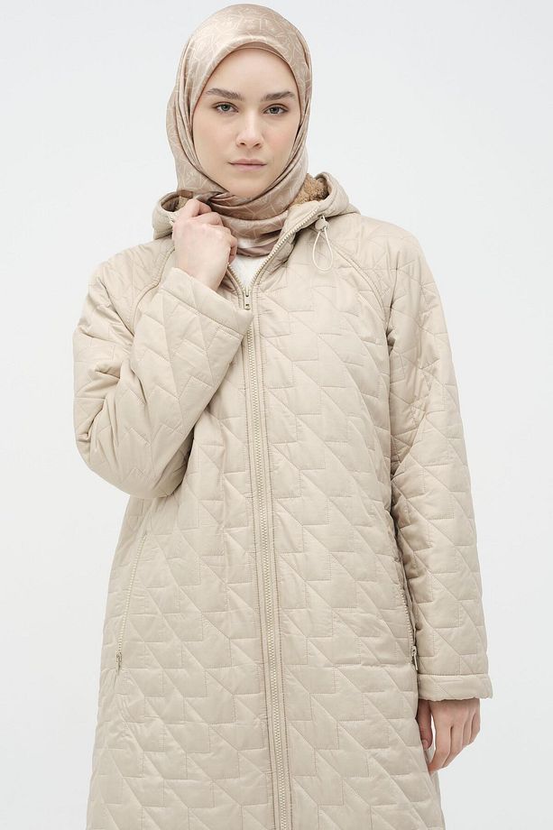 Kapüşonlu Kapitone Kaban - Bej - 6
