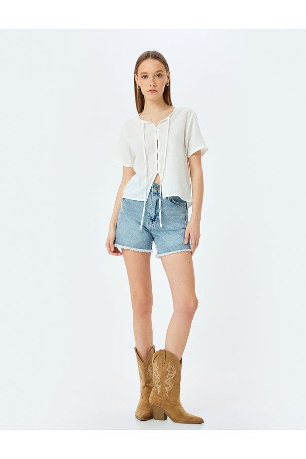 V-Neck Short Sleeve Button Lace-Up Neckline Shirt
