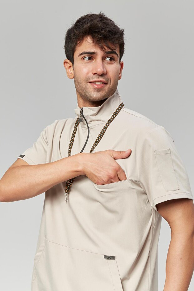 Extreme Cool Man - Premium Reversible Lycra Doctor Nurse Scrubs Single Top Surgical Uniform (Men), Sand
