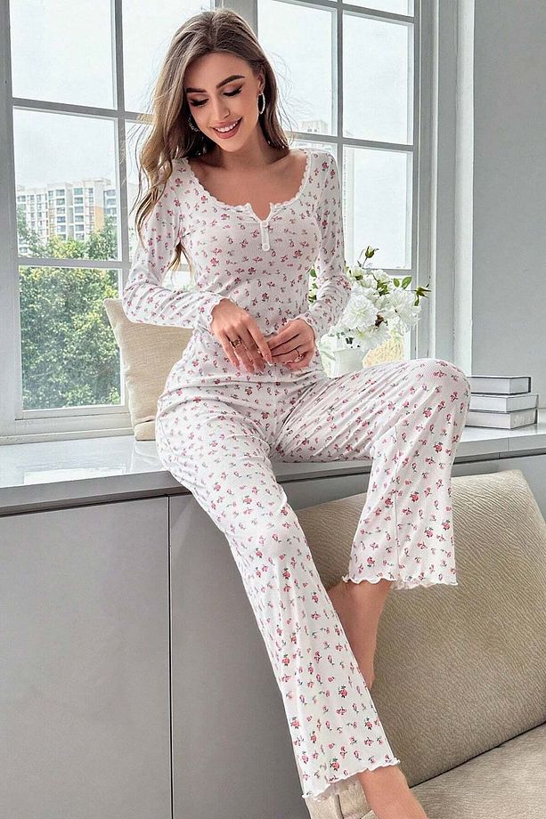 Çiçek Desenli Uzun Kollu Pijama Takımı - 5