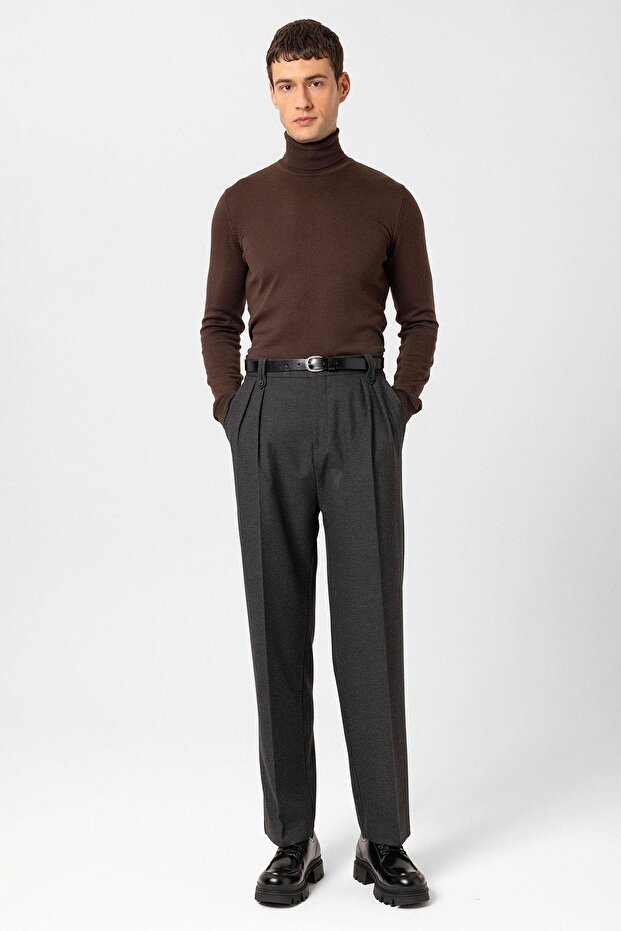 Antrasit Çift Pileli Yüksek Bel Erkek Pantolon - 2