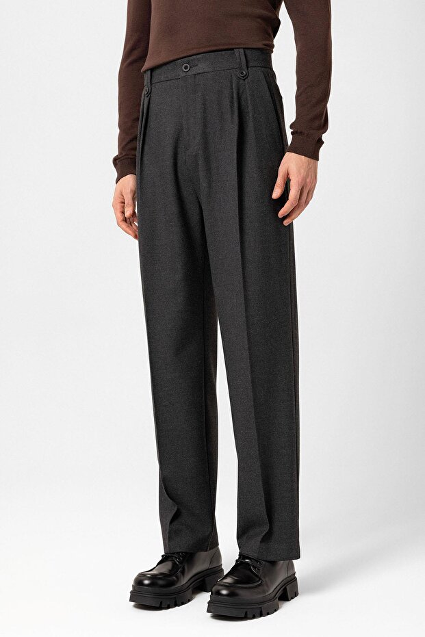 Antrasit Çift Pileli Yüksek Bel Erkek Pantolon - 1