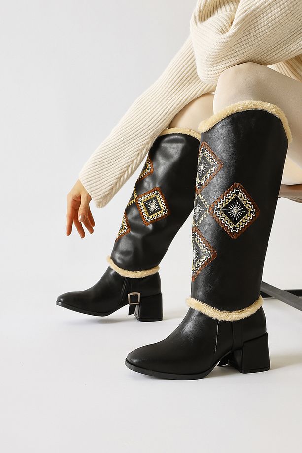 Hilka Siyah Çıkarılabilir Konçlu Etnik Desenli Kadın Bot, Kadın Bootie-kadın Çizme - 3