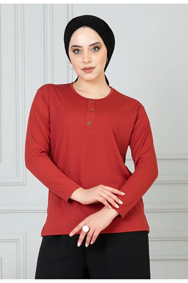 Women's Mother Comfortable Cut Loose Thin Corded Button Detailed Combed Cotton Blouse