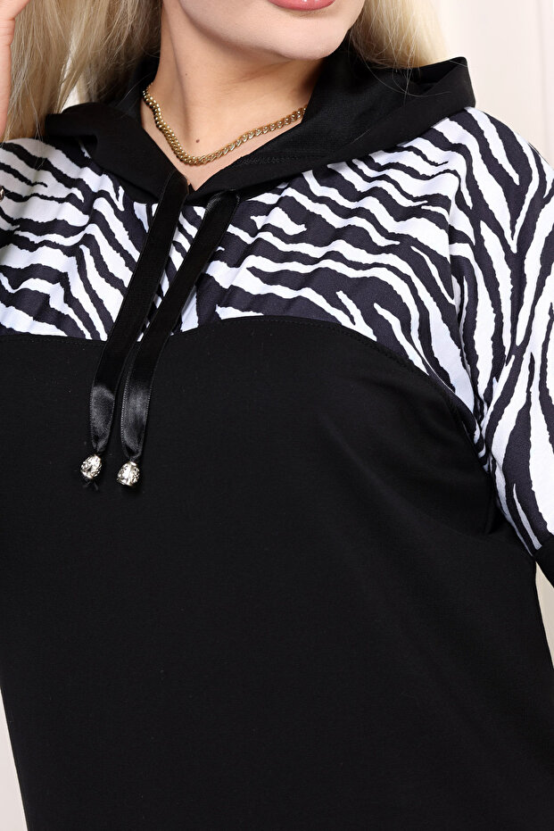 Plus Size Lace up Hooded Zebra Pattern Flexible and Stylish Lycra Tracksuit with Block Pockets - 7