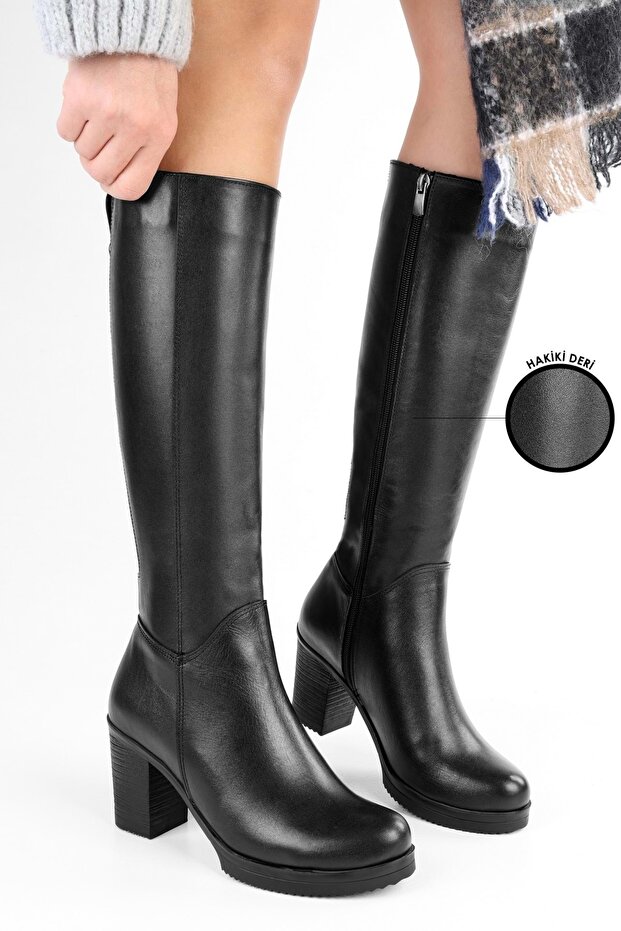 Women's Daen Black Genuine Leather Heeled Boots