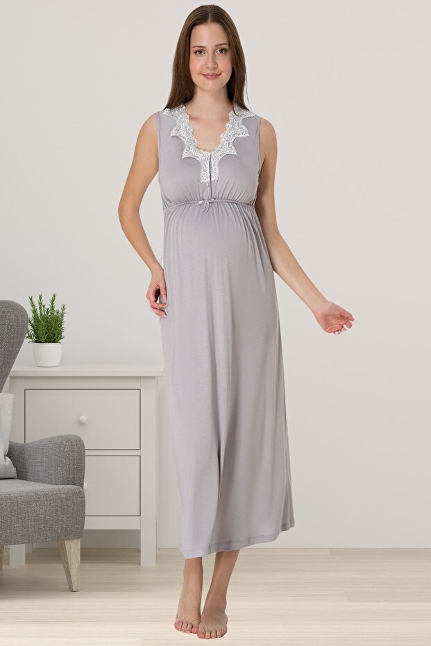 Effortt Gray Lace Maternity Nightgown