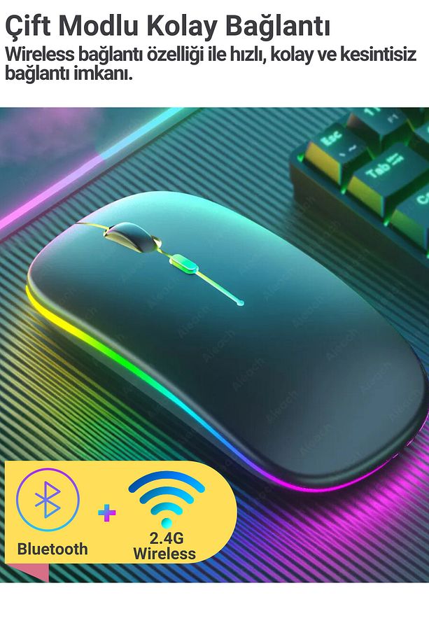 Bluetooth Wireless Kablosuz Mouse Çift Modlu Usb 2.4g Şarj Edilebilir 800/1200/1600dpi Rgb Led - 6