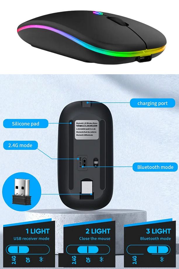 Bluetooth Wireless Kablosuz Mouse Çift Modlu Usb 2.4g Şarj Edilebilir 800/1200/1600dpi Rgb Led - 5