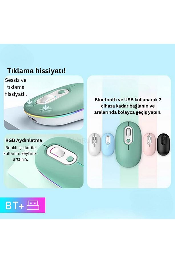 Kablosuz Mouse Bluetooth Wireless  Çift Mod'lu USB 2.4g Şarj Edilebilir 800/1200/1600dpi Rgb Fare - 4
