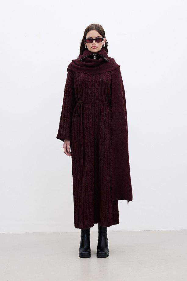 SAÇ ÖRGÜLÜ TRİKO ELBİSE BORDO - 6