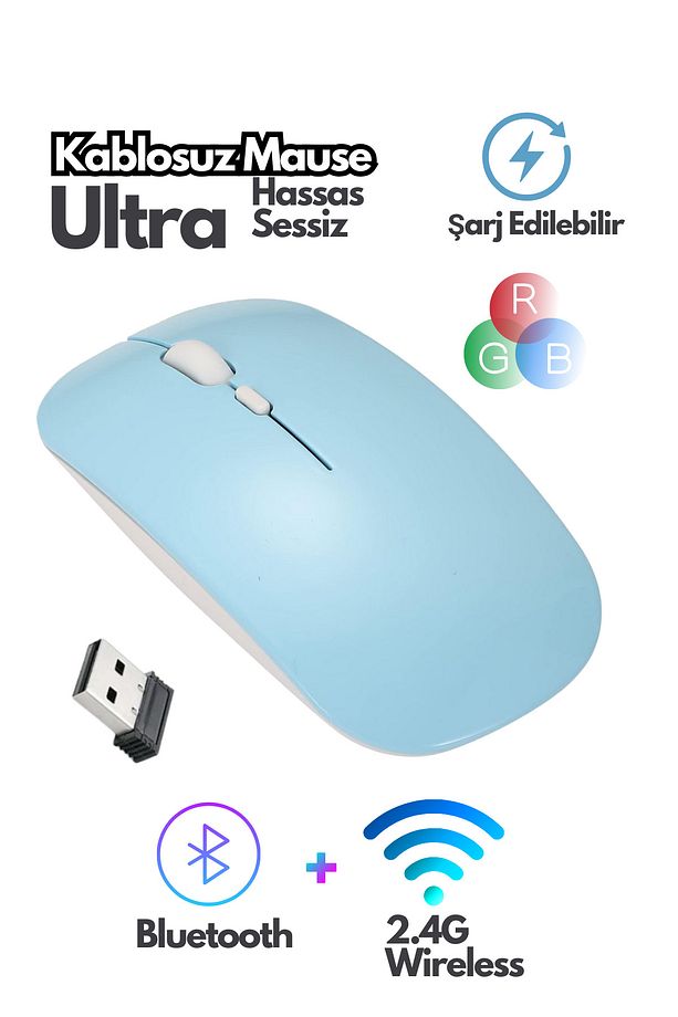 Bluetooth Wireless Kablosuz Mouse Çift Modlu Usb 2.4g Şarj Edilebilir 800/1200/1600dpi Rgb Led - 1