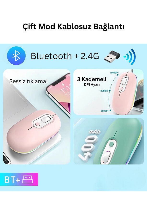 Kablosuz Mouse Bluetooth Wireless  Çift Mod'lu USB 2.4g Şarj Edilebilir 800/1200/1600dpi Rgb Fare - 3