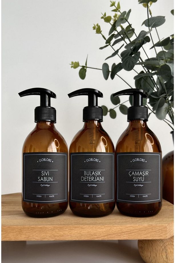 3'lü Set 300ml Siyah Etiketli Amber Şişe Sıvı Sabun & Bulaşık Deterjanı & Çamaşır Suyu - 4